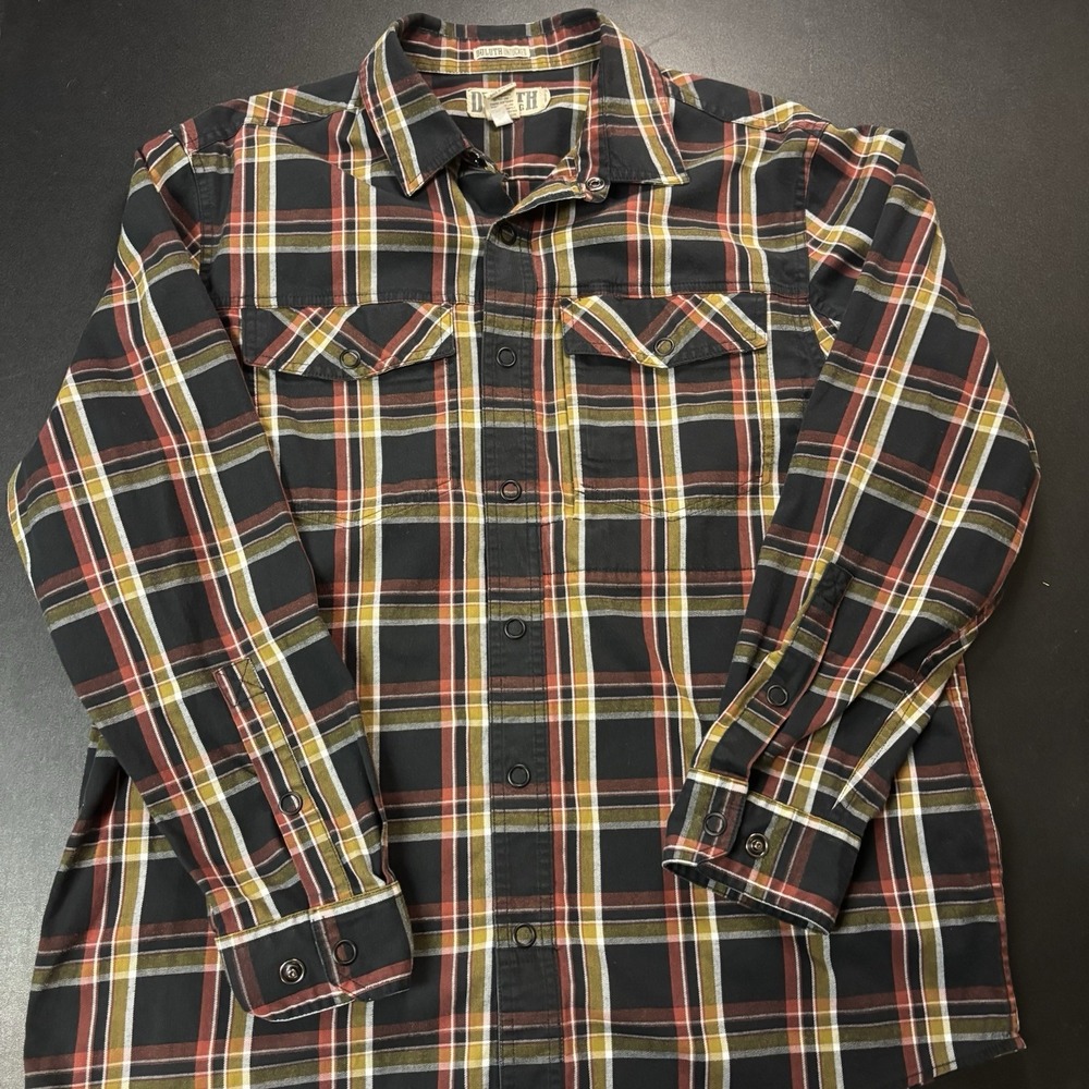 DULUTH TRADING CO Men's Sz L Black Plaid Shirt Snap Up Casual Outdoors